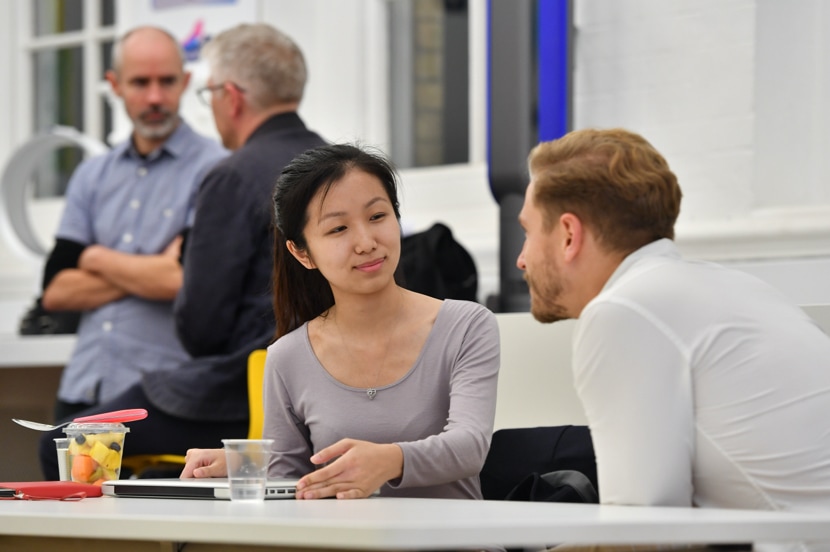 people talking at table